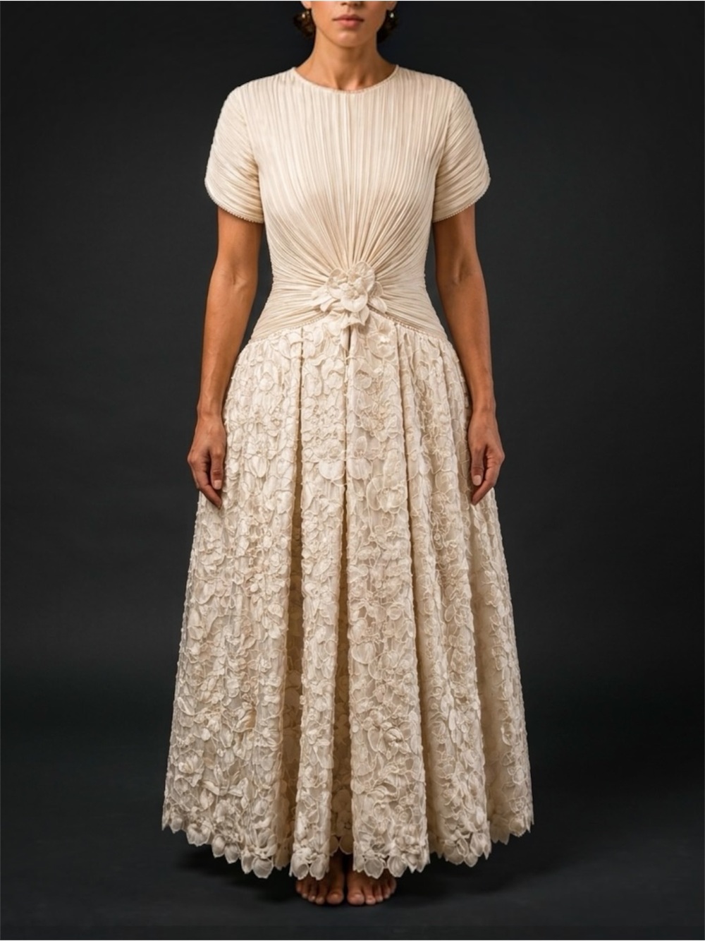 Vintage George F Couture Pleated Plisse Lace Maxi Dress Gown Pearl Trim Ivory 8